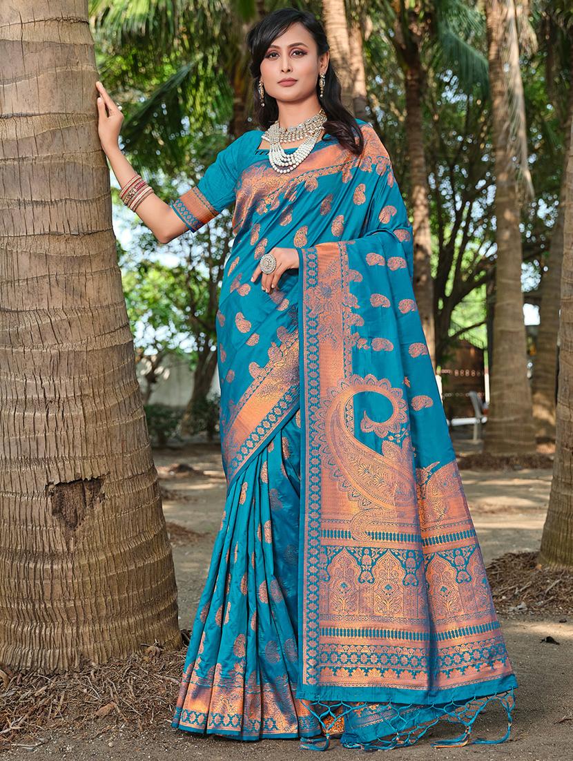 light blue silk banarasi saree with blouse - 20879822 - Zoom Image - 0