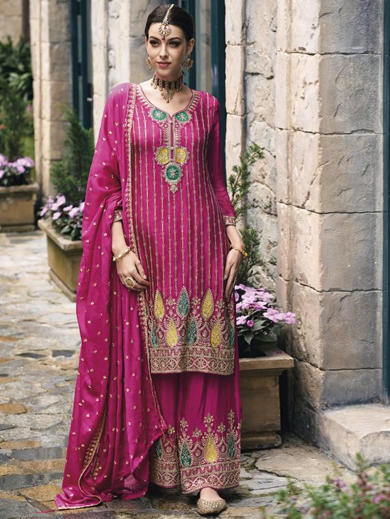 women magenta semi-stitched palazzo suits - 20881795 -  Zoom Image - 0