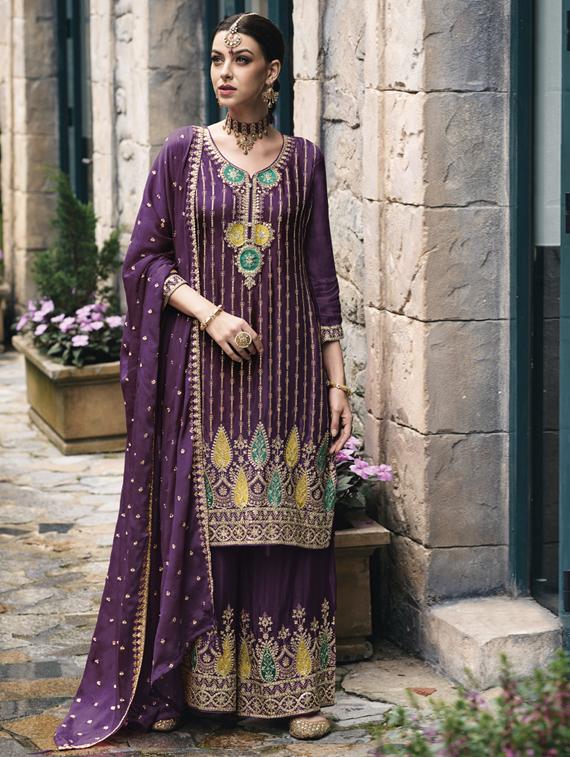 women purple semi-stitched palazzo suits - 20881798 - Zoom Image - 0