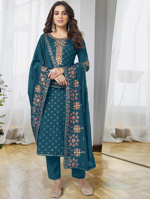 teal chiffon semistitched suit - 20882199 - Standard Image - 0