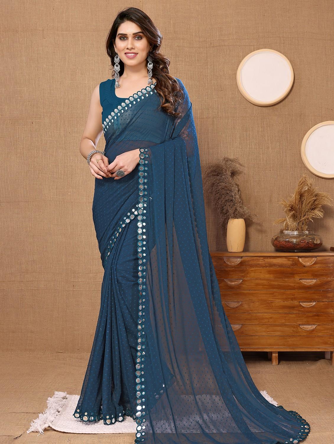 women blue mirror work bordered saree - 20882370 -  Zoom Image - 0