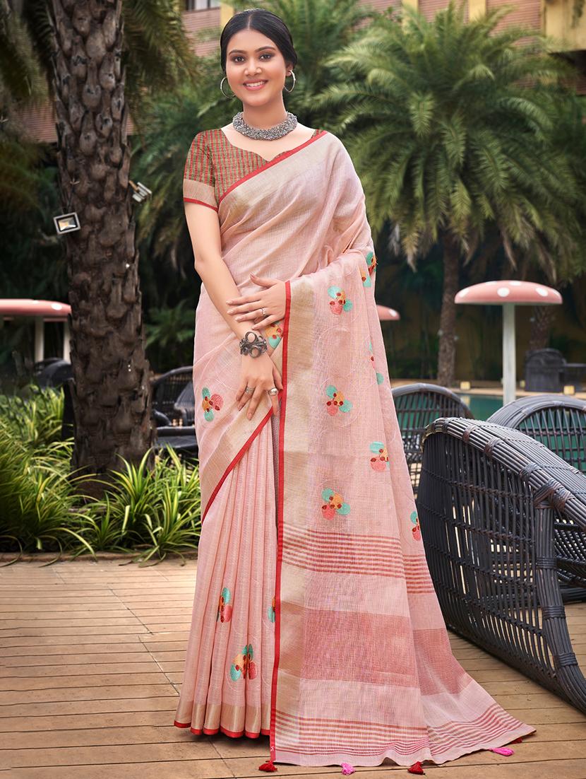 women pink embroidered saree with blouse - 20884681 - Zoom Image - 0