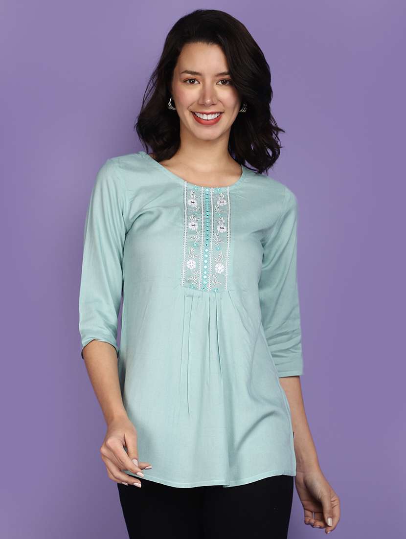 women light blue round neck a-line top