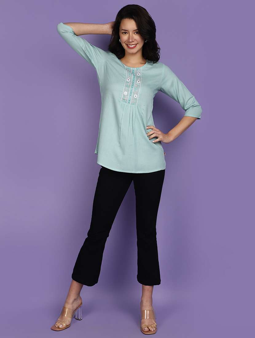 women light blue round neck a-line top - 20884962 -  Standard Image - 3