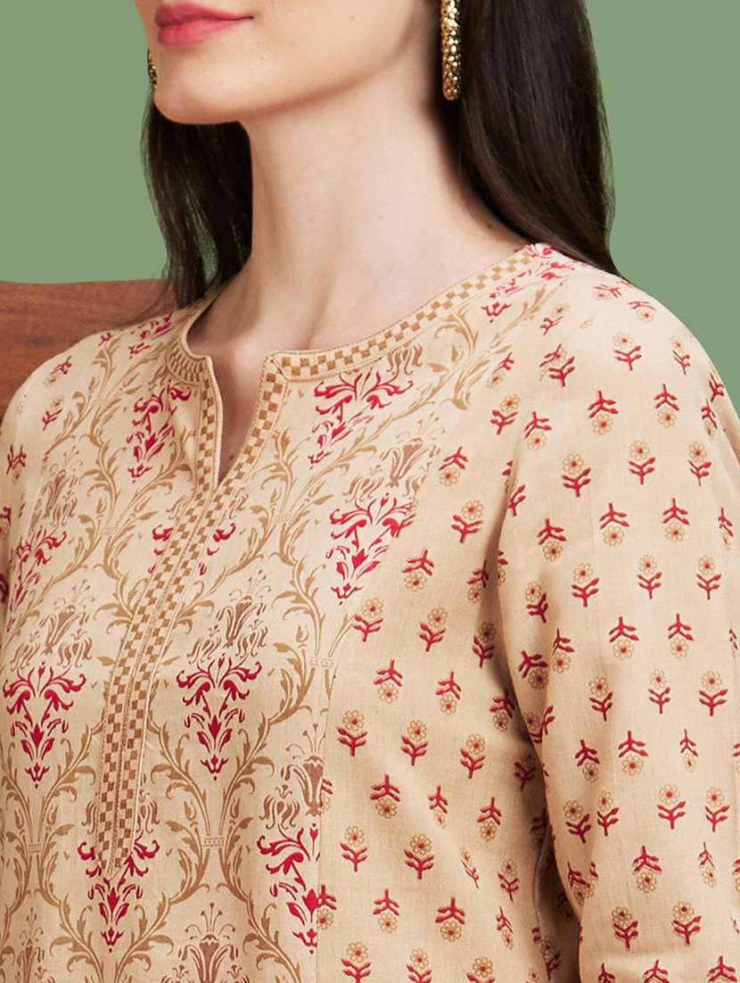globus women beige ethnic motifs side slits panelled straight kurta - 20885387 - Standard Image - 3