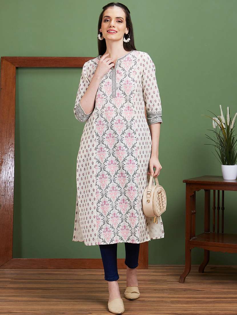 globus women off white ethnic motifs side slits panelled straight kurta - 20885388 - Zoom Image - 0