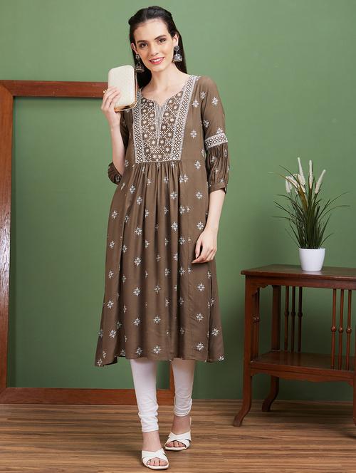 women brown notch neck a-line kurta - 20885390 - Standard Image - 0