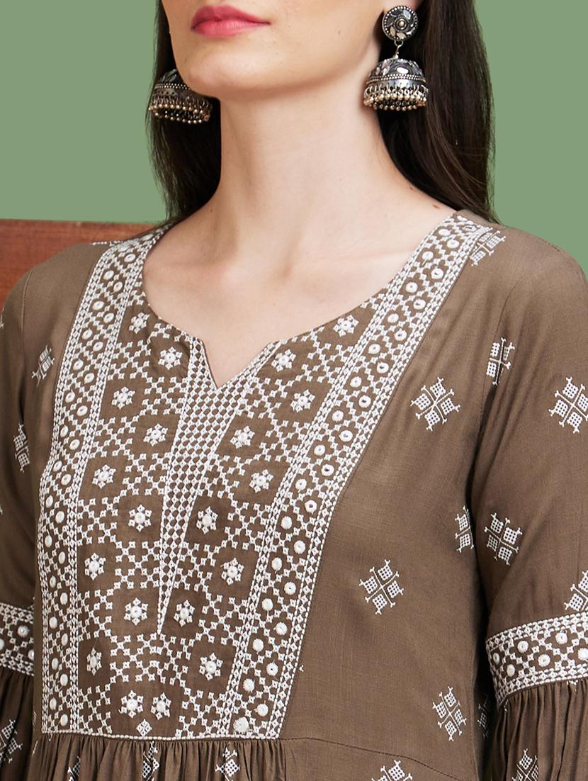 women brown notch neck a-line kurta - 20885390 - Standard Image - 3