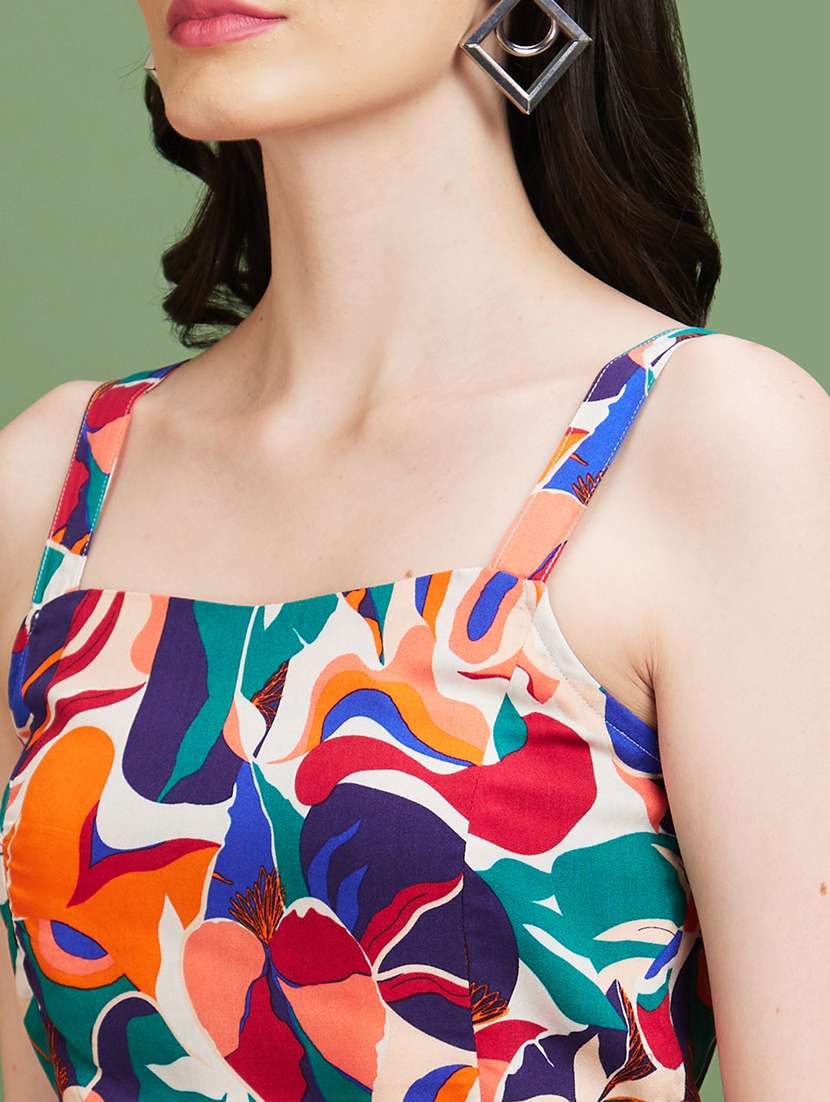 globus women multi square neck strappy shoulder abstract printed crop top & pleated midi skirt co-ord set - 20885395 -  Standard Image - 3