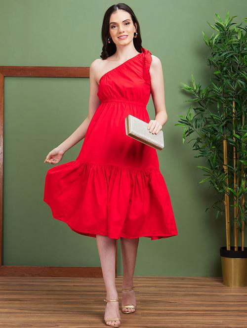 globus women red one shoulder tie-up fit & flare midi party dress - 20885397 - Standard Image - 0