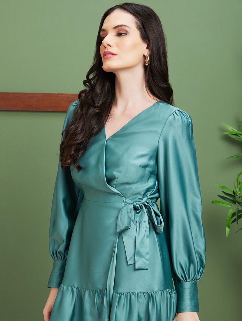 globus women green satin wrap v-neck cuff sleeves party dress - 20885403 - Standard Image - 3