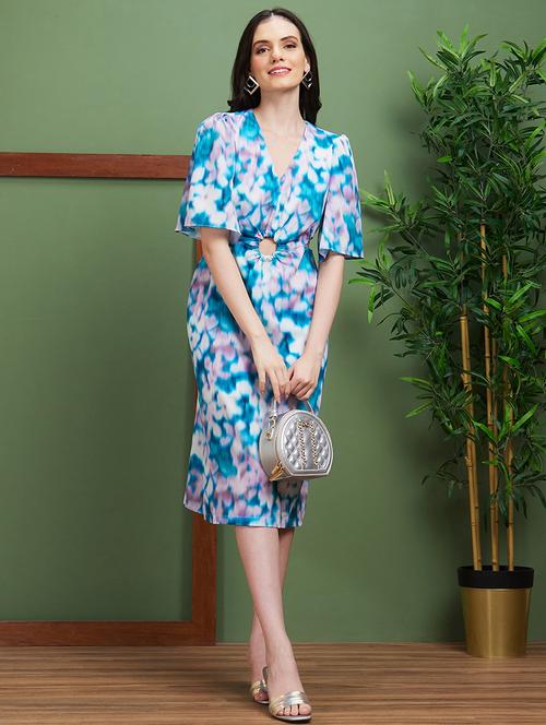 globus women multi blue printed v-neck slim fit bodycon party dress - 20885414 - Standard Image - 0