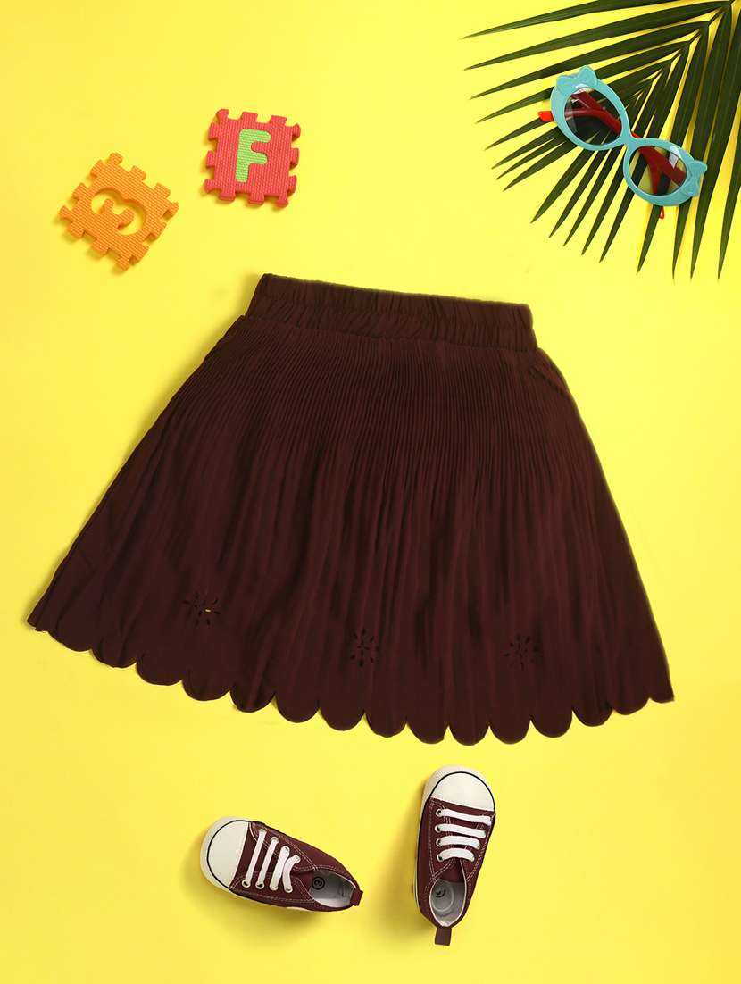 girls maroon self design flared skirt