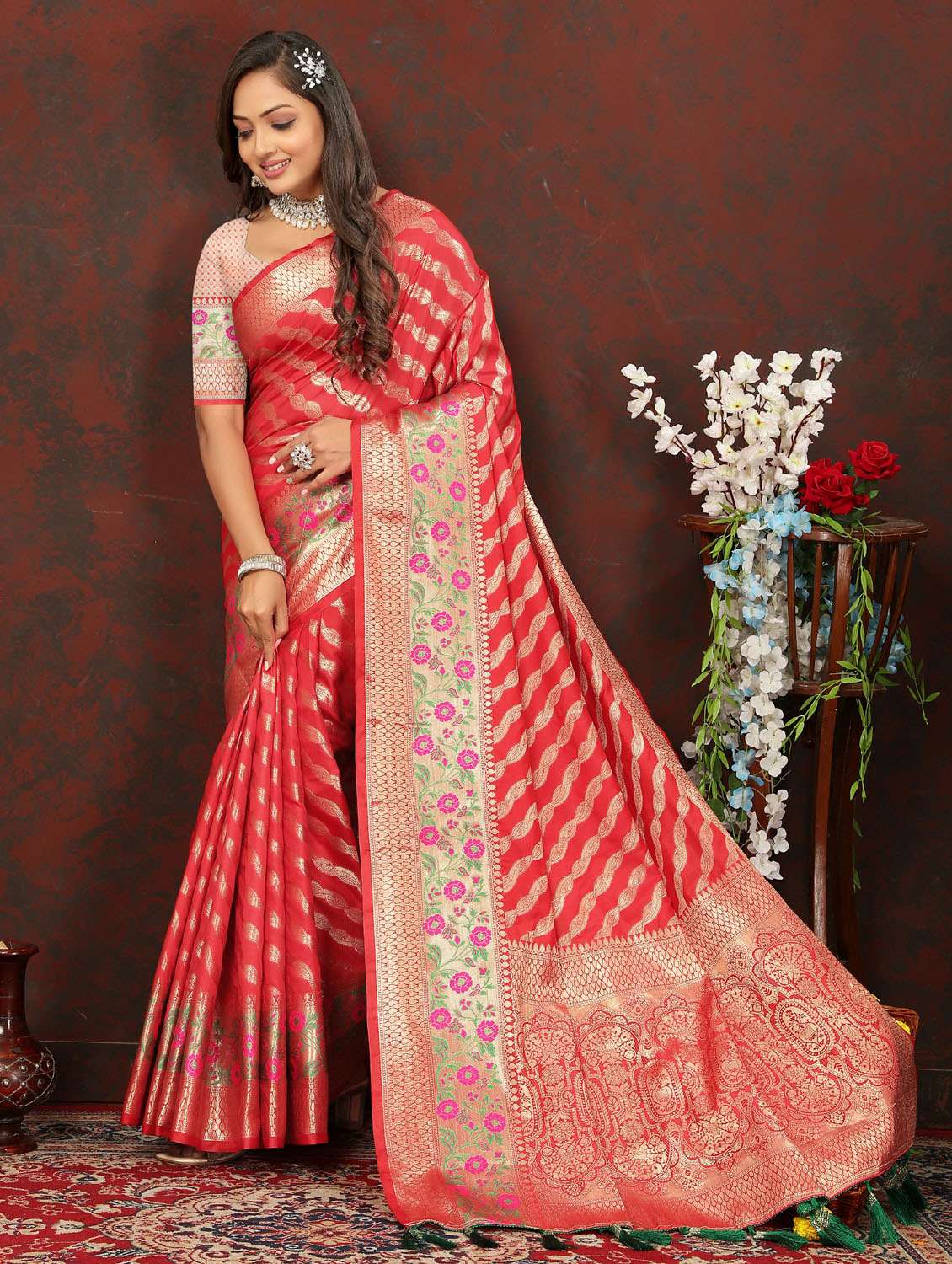 Women Red Self Design Banarasi Saree