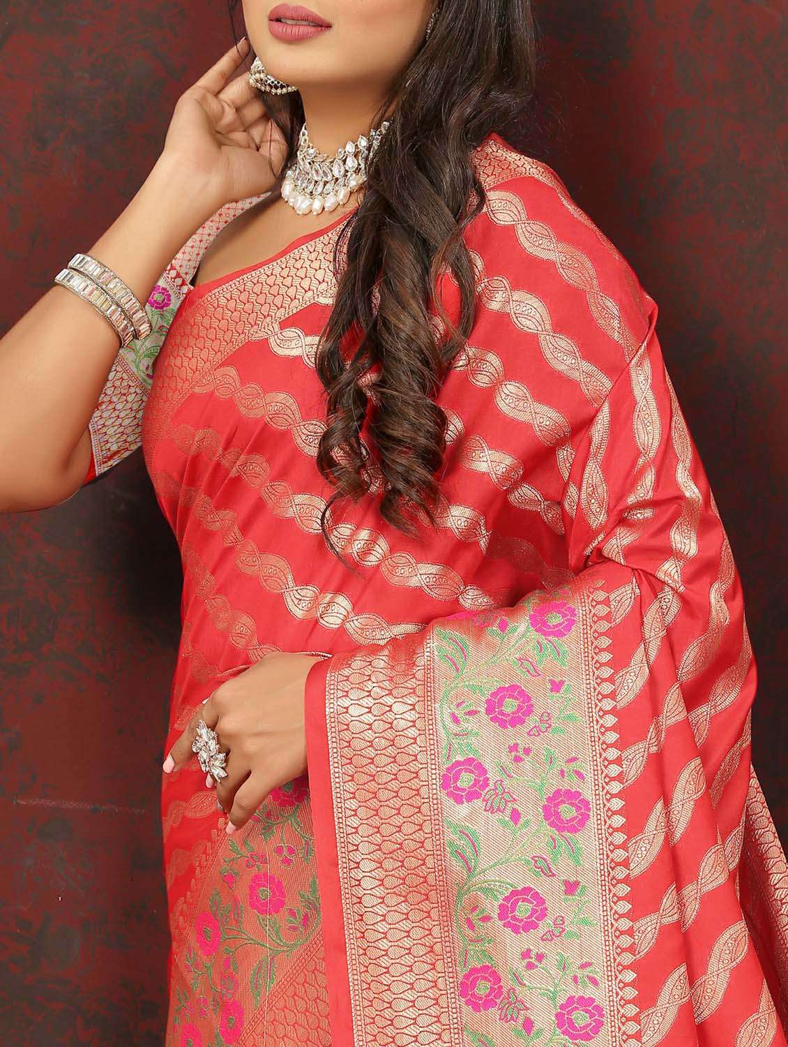 Women Red Self Design Banarasi Saree