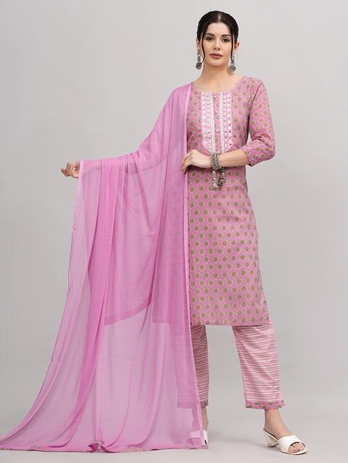 women pink round neck kurta pant set with dupatta - 20893277 -  Standard Image - 0