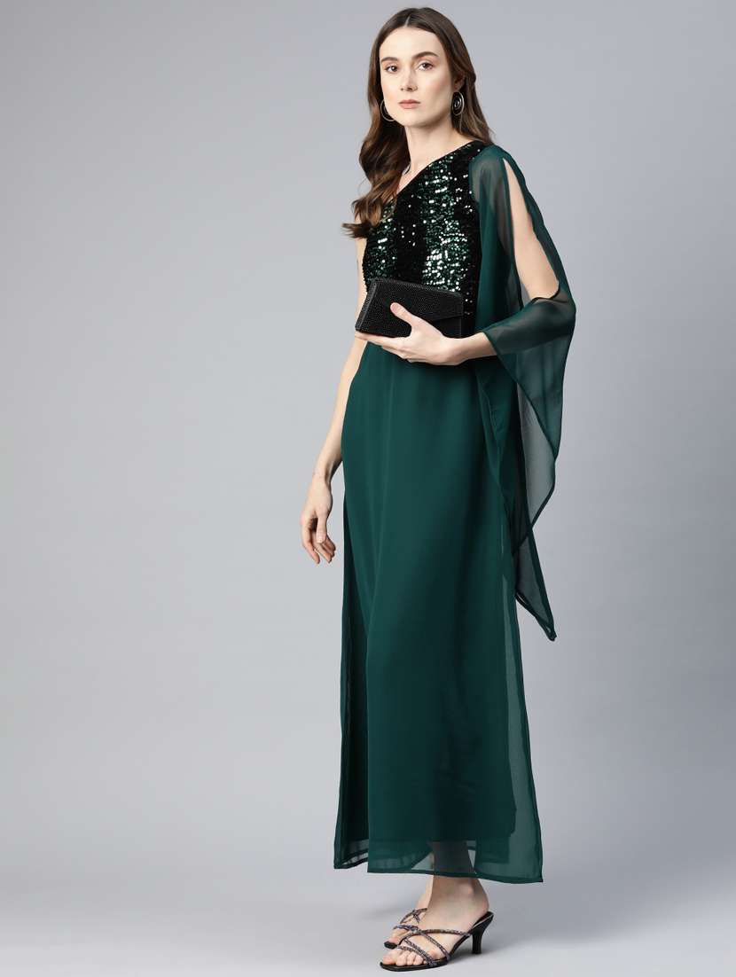 women bottle green sequin asymmetric maxi dress