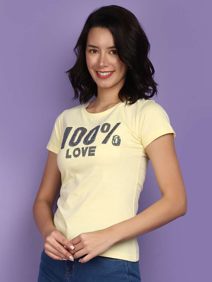 pastel yellow cotton typography t-shirt