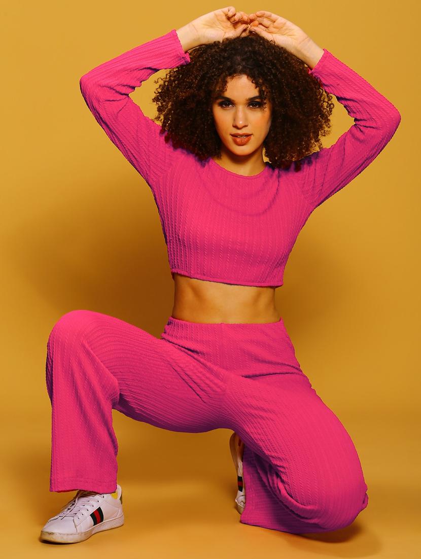 pink self design crop top & trouser coord set - 20894944 - Standard Image - 3