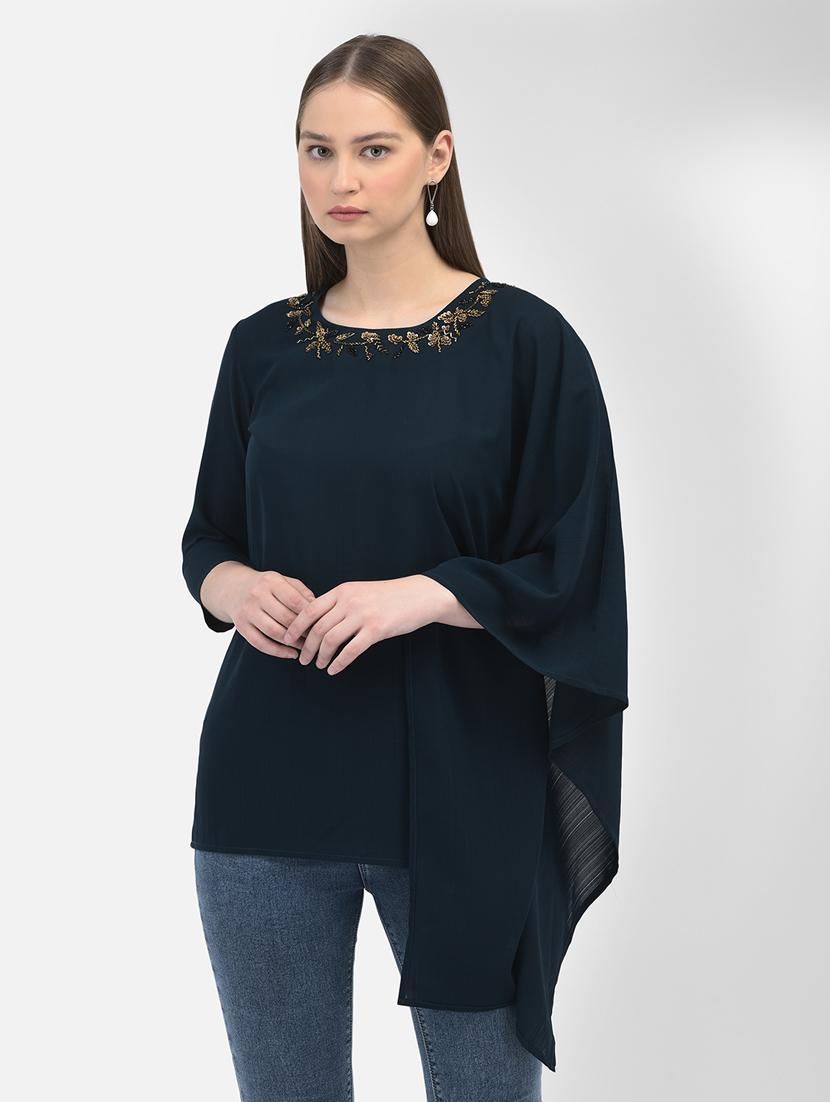 neck embroidered solid color regular top - 20895416 -  Zoom Image - 0