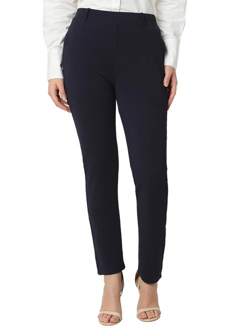 women solid cotton lycra flat front trouser - 20895989 - Standard Image - 0