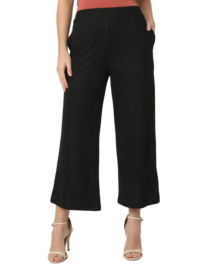women solid cotton lycra flat front trouser