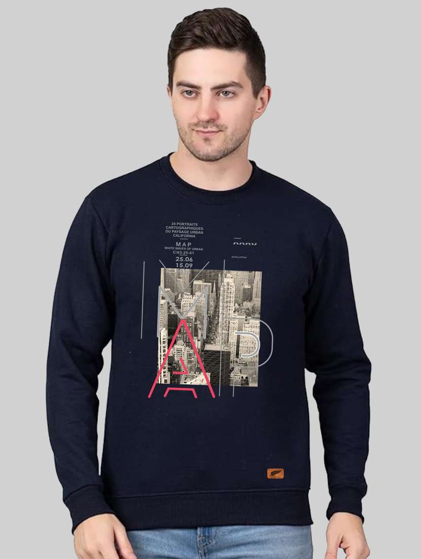 navy blue fleece chest print sweatshirt
