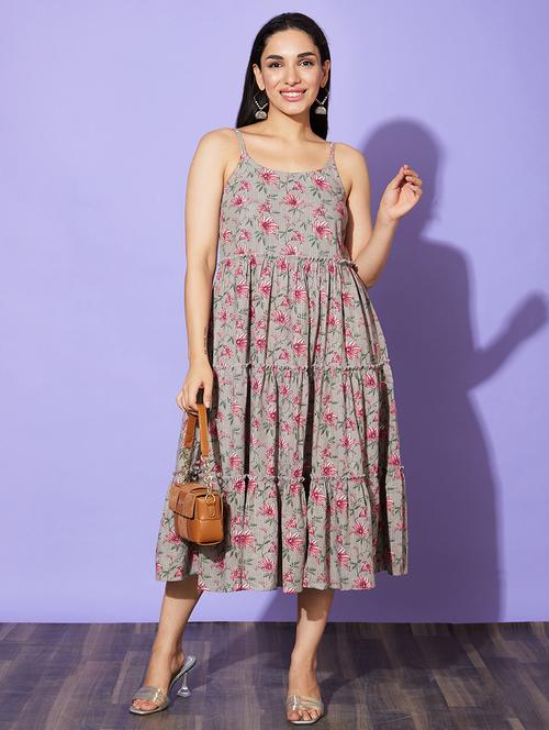 taupe floral printed tiered ethnic dress - 20901425 - Standard Image - 0