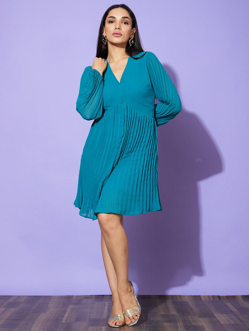 women teal solid fit & flare dress - 20901430 - Zoom Image - 0