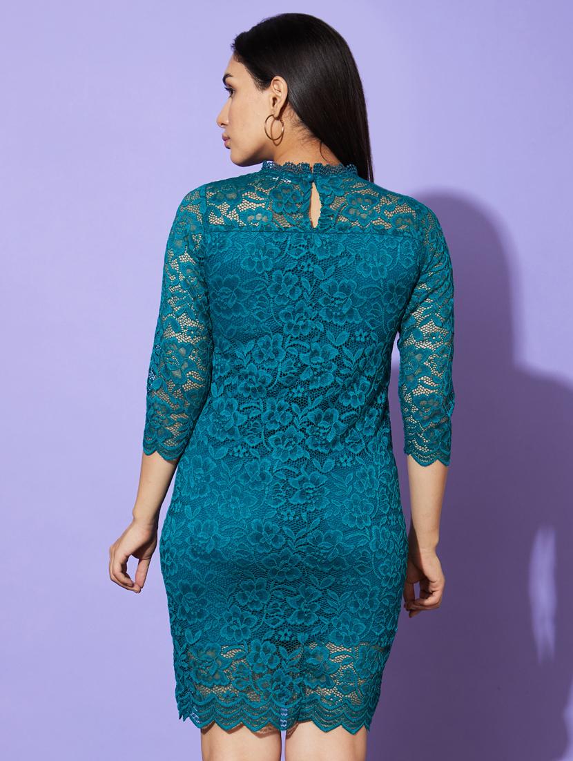 globus women bottle green mock neck floral lace panelled bodycon party dress - 20901431 - Standard Image - 3