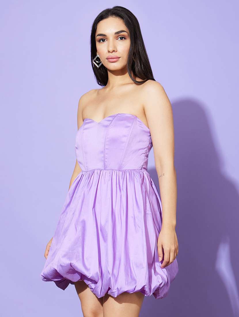globus women lavender strapless sweetheart neck panelled balloon party dress