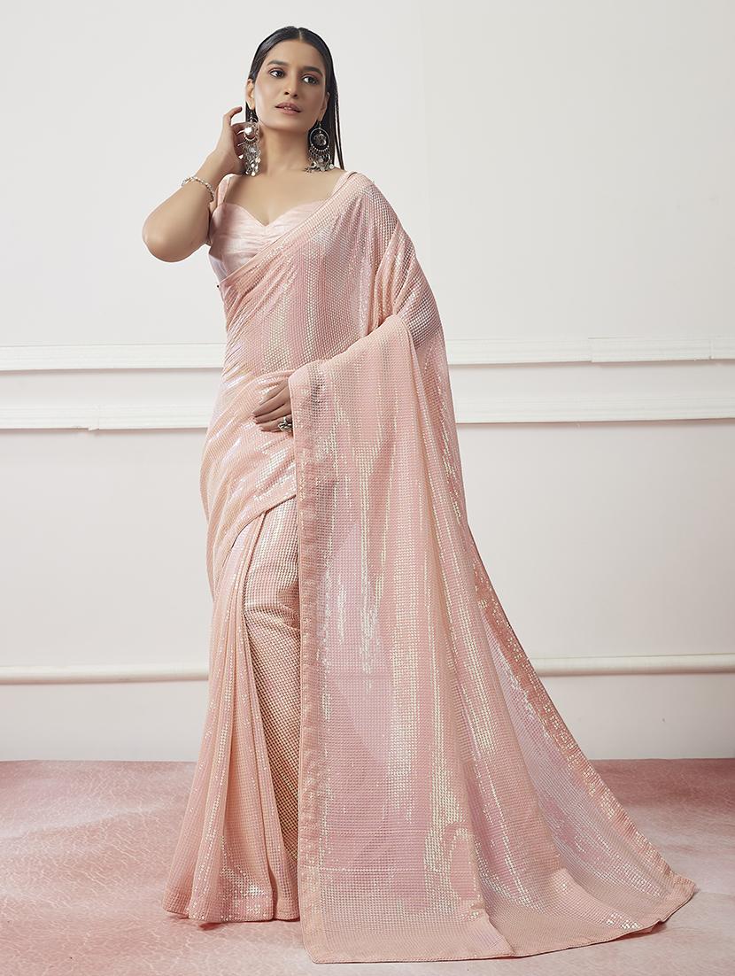 Peach Organza Silk Saree with Sequins and Thread Work Cloths