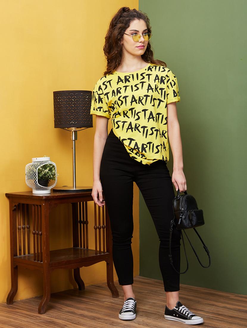 globus women yellow & black typography print drop shoulder boxy fit t-shirt - 20911602 - Standard Image - 3