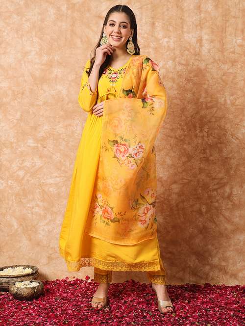 women yellow v neck kurta pant set with dupatta - 20912016 -  Standard Image - 0