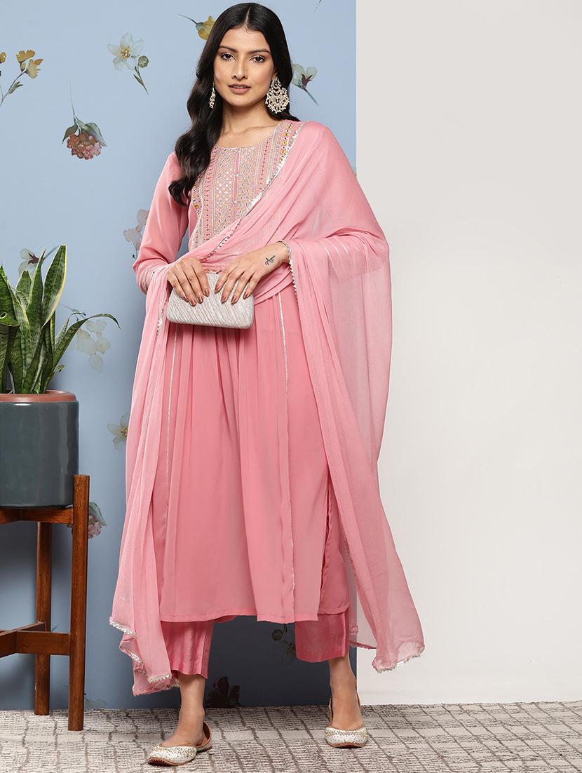 women pink round neck kurta pant set with dupatta - 20912037 - Zoom Image - 0