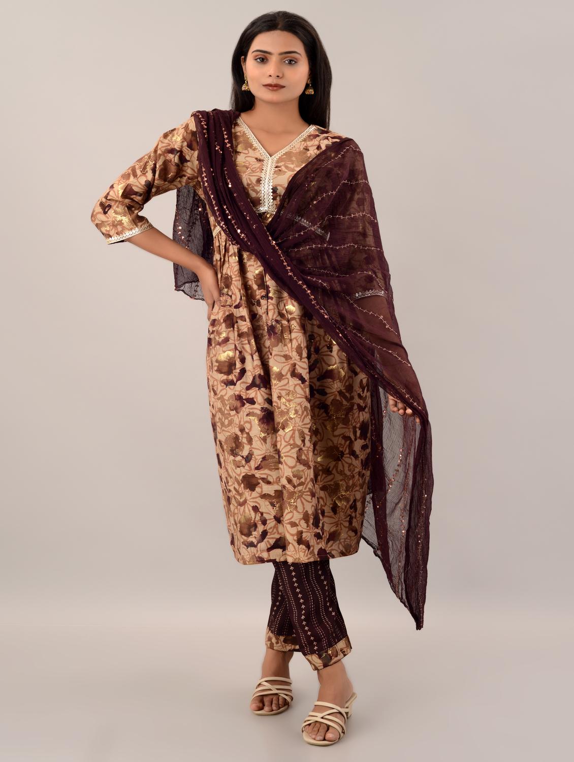 women beige v neck kurta pant set with dupatta - 20912152 - Zoom Image - 0
