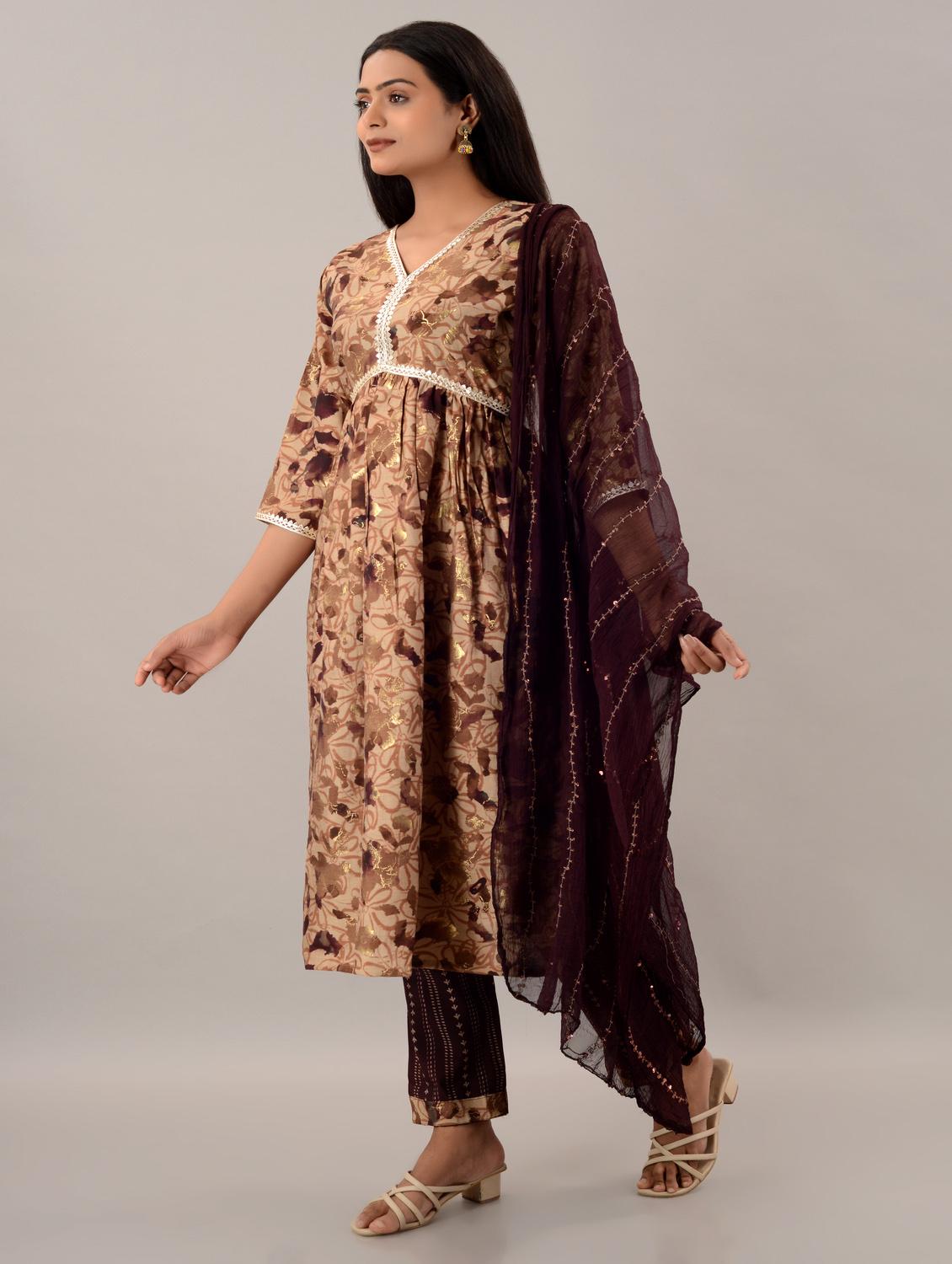 women beige v neck kurta pant set with dupatta - 20912152 - Standard Image - 3
