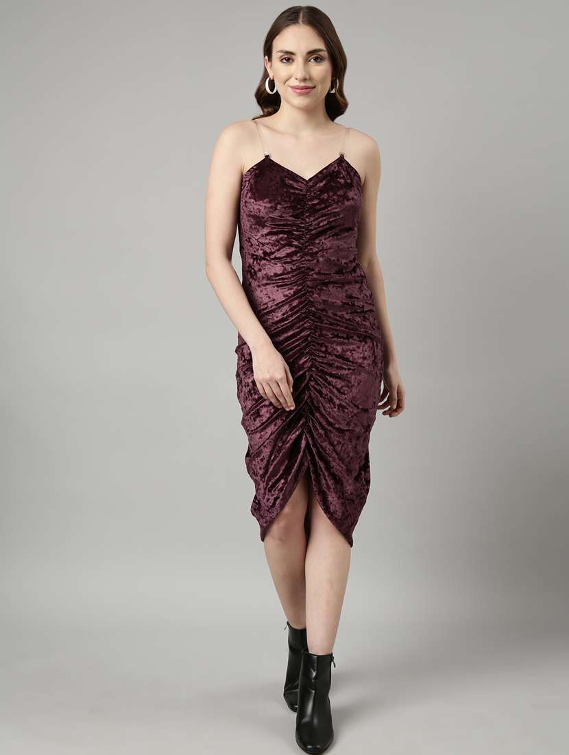 womne solid shoulder strap ruched dress - 20915721 -  Zoom Image - 0