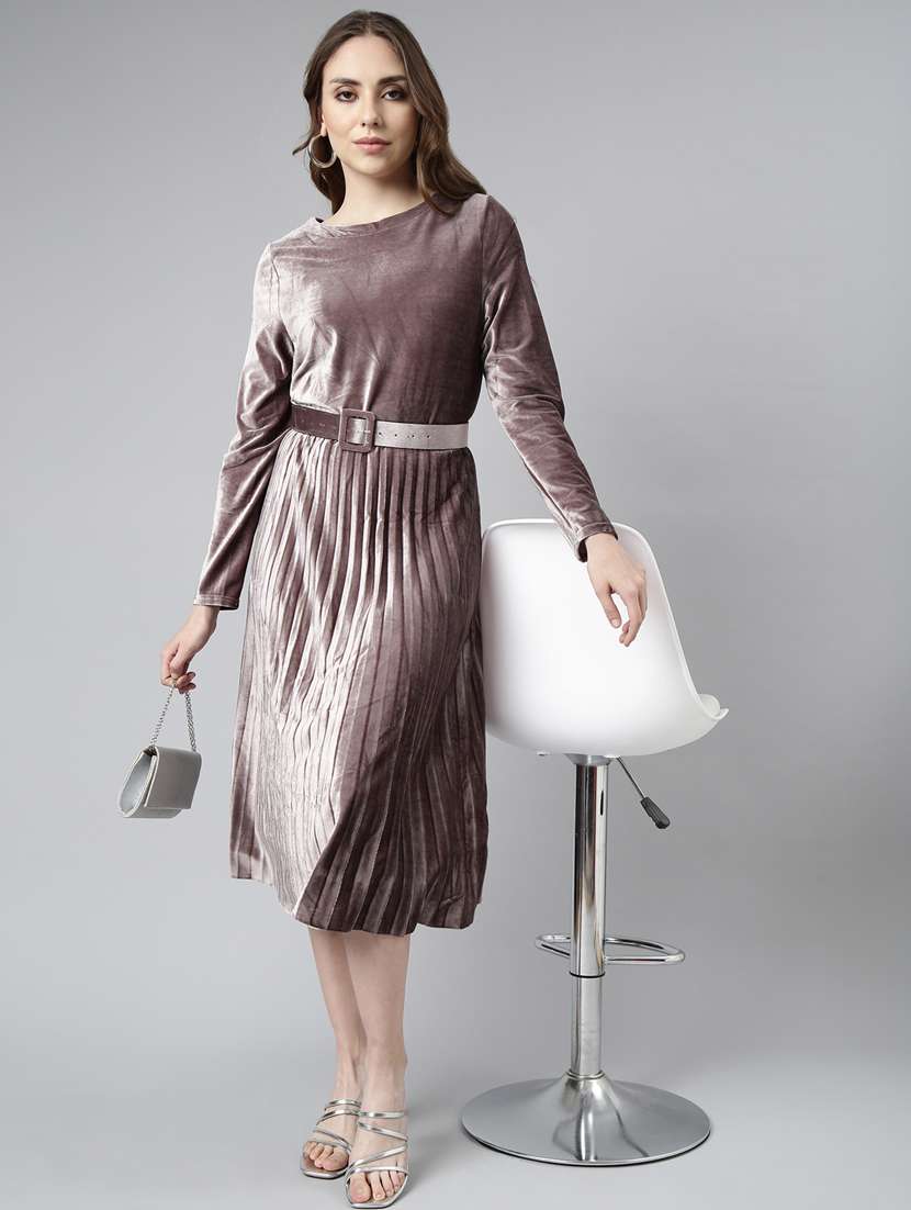 women solid belted fit & flare dress - 20915761 - Standard Image - 3