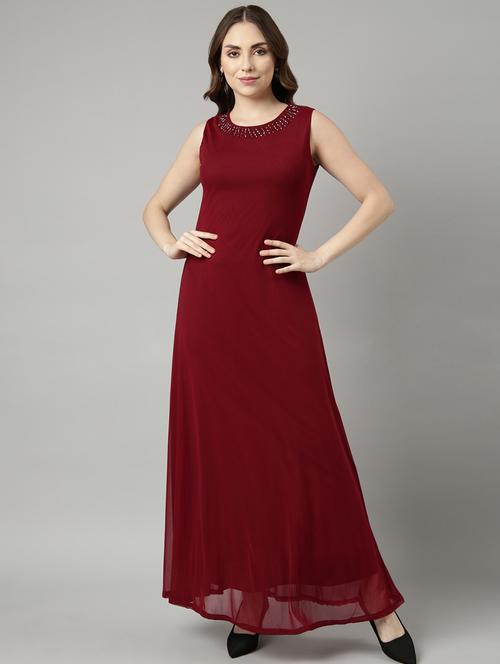 women maroon solid round neck gown dress - 20915766 - Standard Image - 0