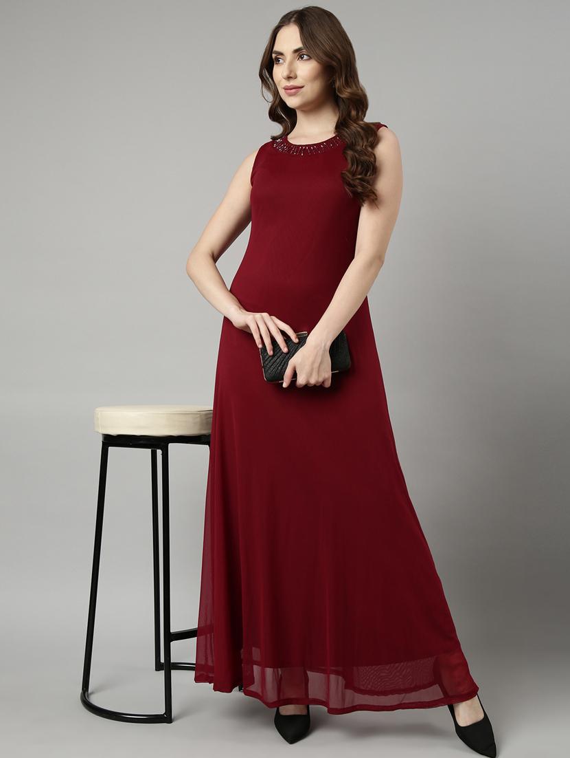 women maroon solid round neck gown dress - 20915766 - Standard Image - 3