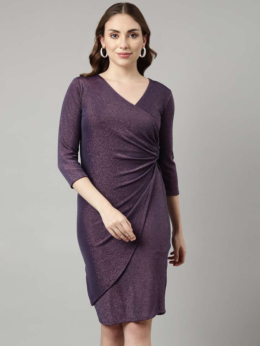 women solid overlap neck wrap dress - 20915769 - Zoom Image - 0