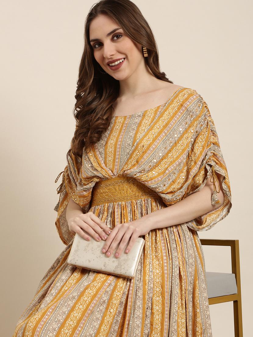 women mustard printed fit & flare dress - 20915773 - Standard Image - 5