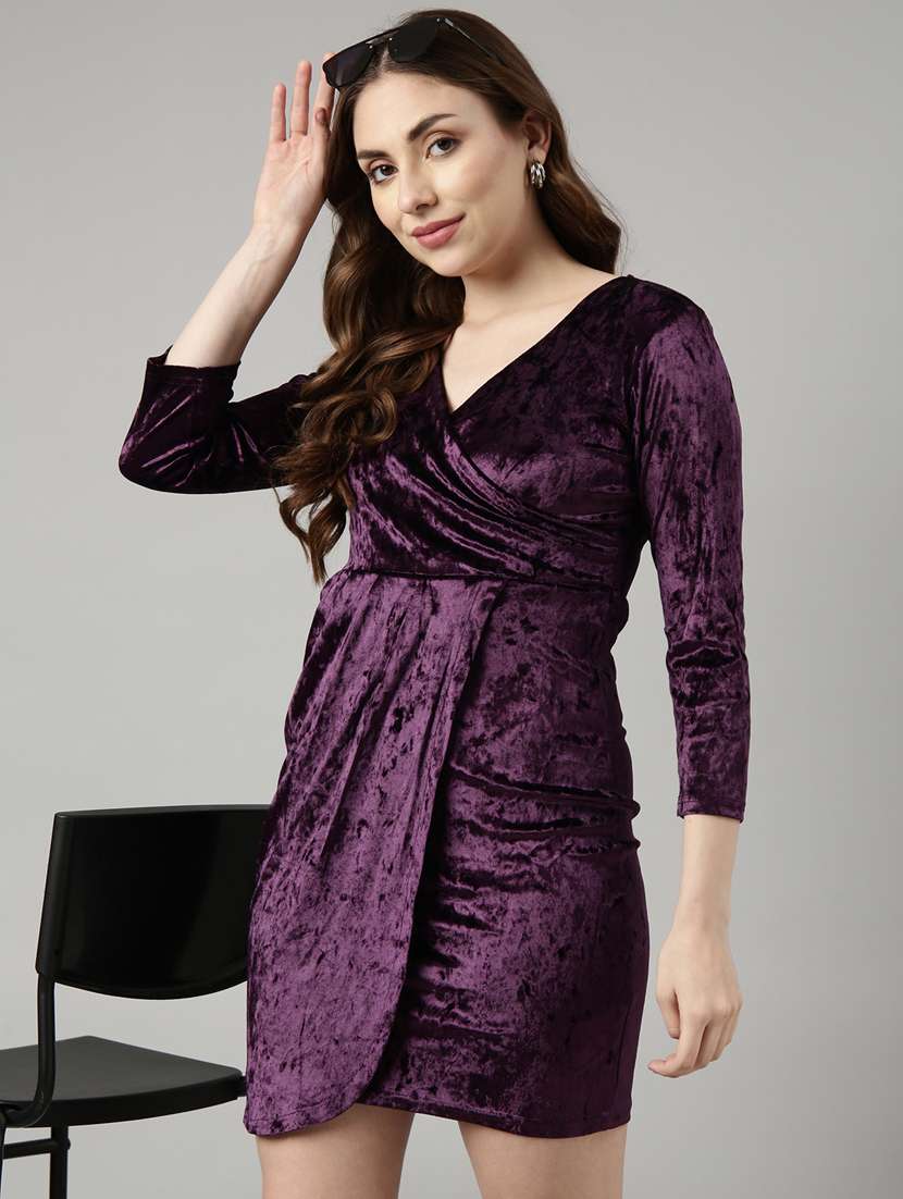women solid overlap neck wrap dress - 20915793 -  Standard Image - 3