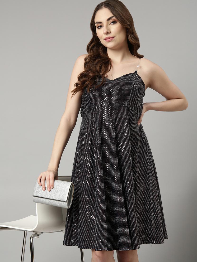 women charcoal self-designed fit & flare dress - 20915802 - Standard Image - 3