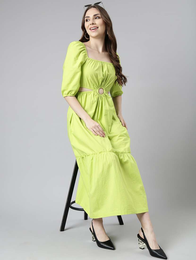women solid puff sleeves tiered dress - 20915821 -  Standard Image - 3