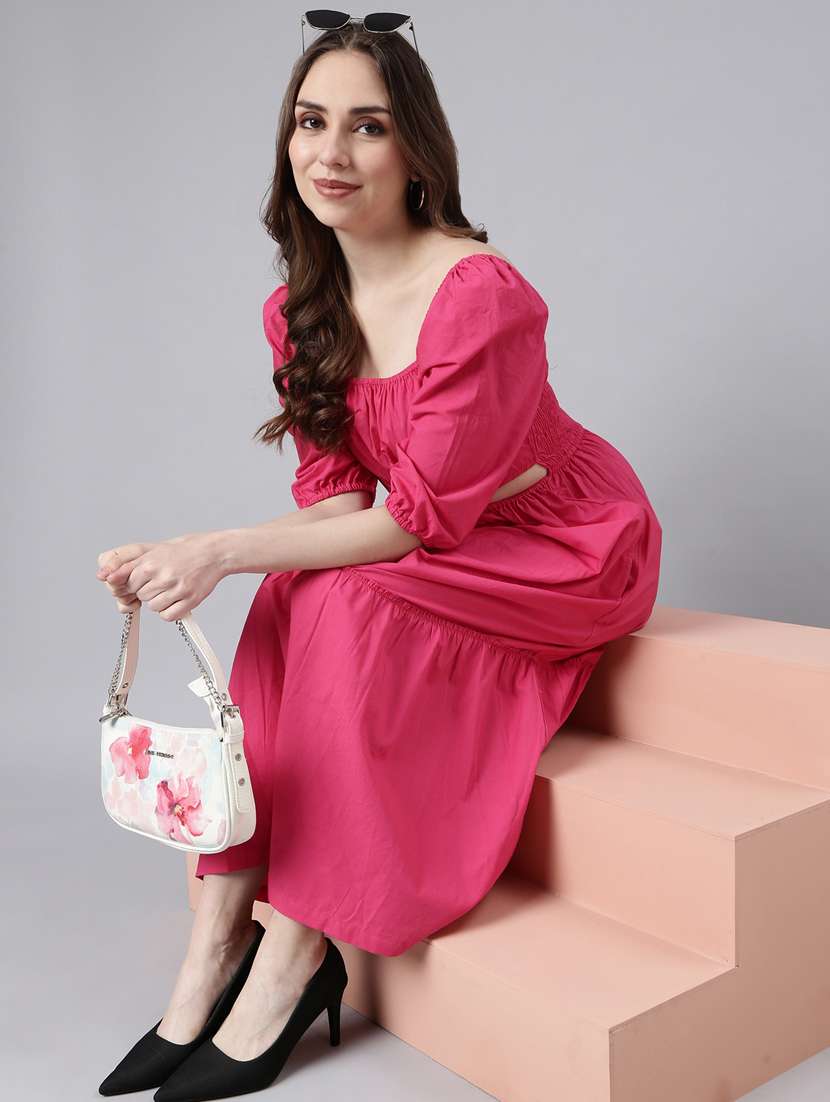 women solid puff sleeves tiered dress - 20915823 -  Standard Image - 3