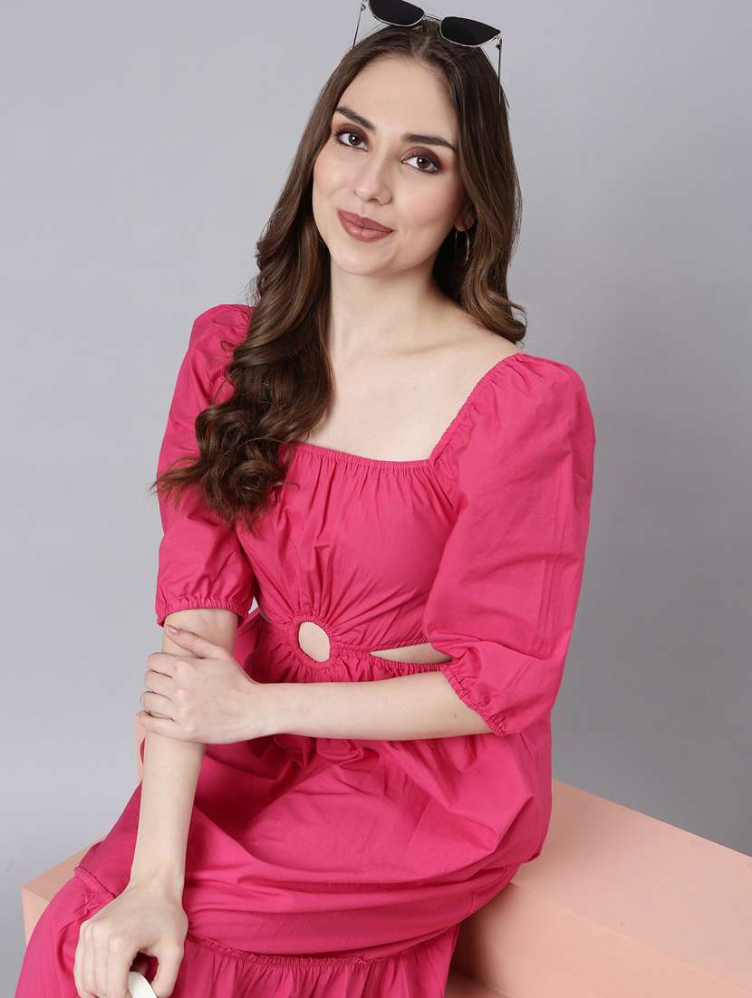 women solid puff sleeves tiered dress - 20915823 -  Standard Image - 5