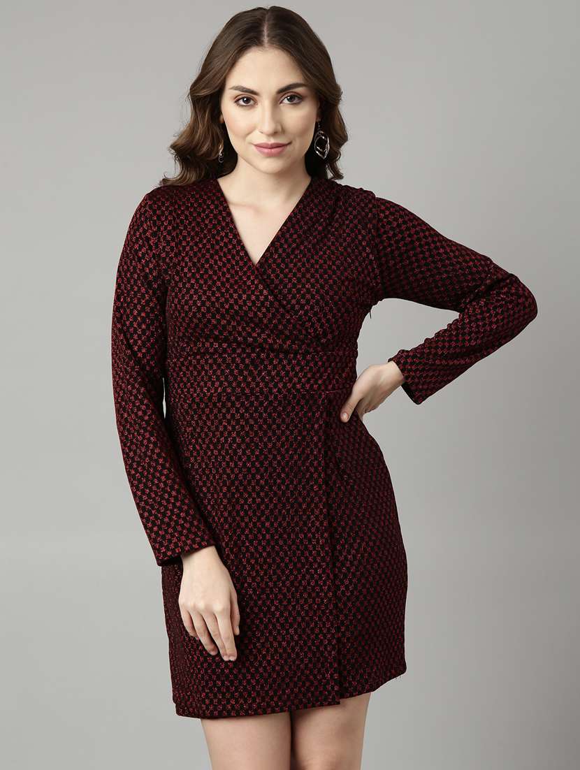 women red self design detailed wrap dress