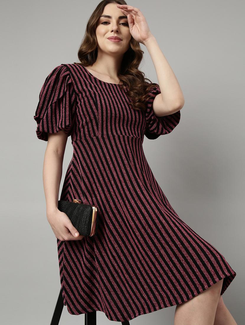 women striped puff sleeves fit & flare dress - 20915857 - Standard Image - 3